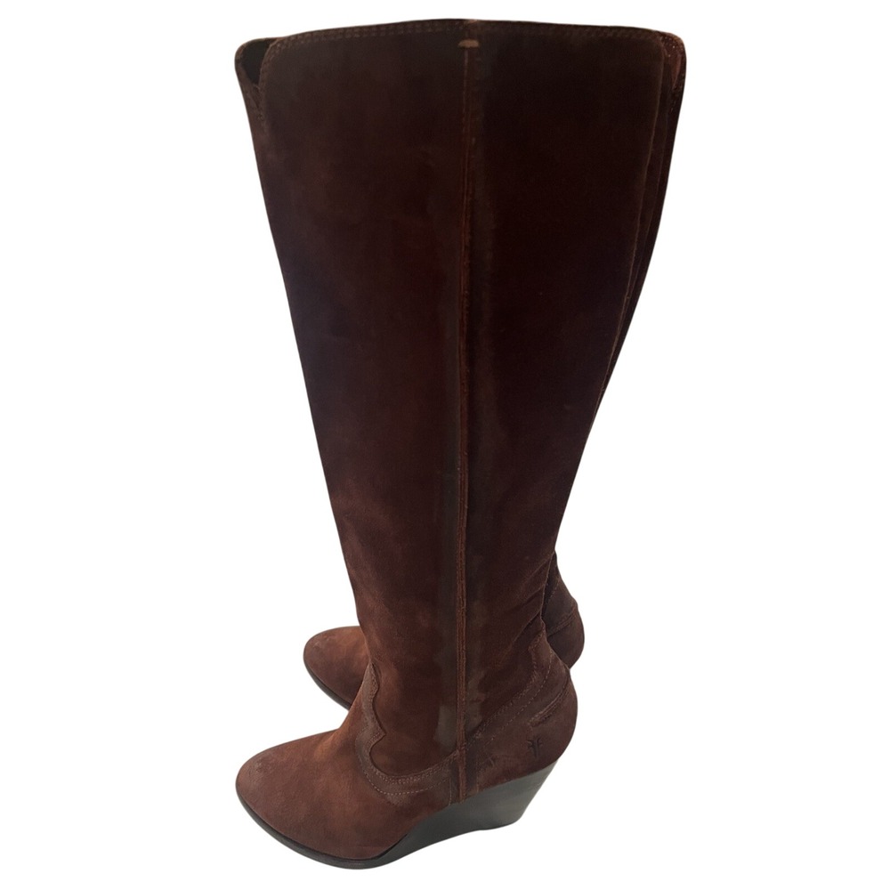 Frye Brown Suede Knee High Zip Wedge Pointed Toe Boots Women's Size 8.5